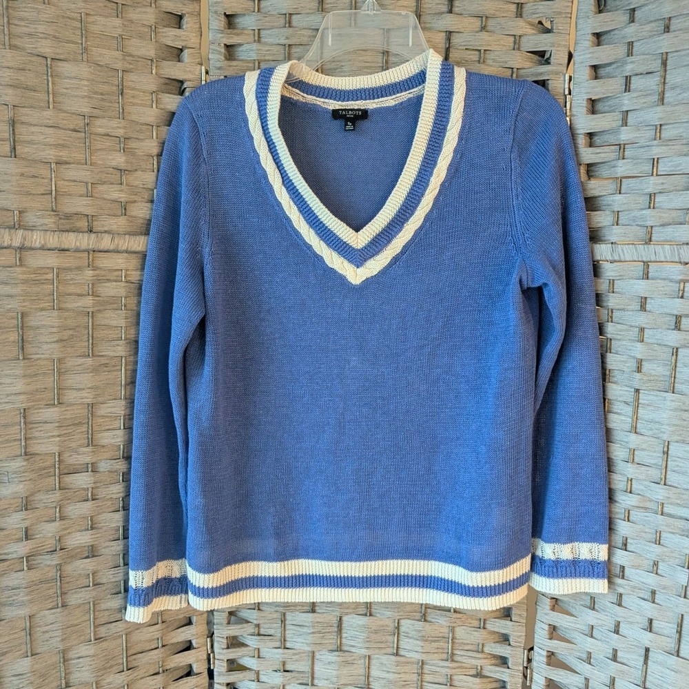 Talbots Sweater Cornflower Blue Linen V-Neck Striped Trim Sz SP Tennis Prep EUC